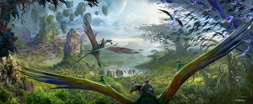 Walt Disney Imagineering in collaboration with filmmaker James Cameron and Lightstorm Entertainment is bringing to life the mythical world of Pandora, inspired by Cameron’s AVATAR, at Disney’s Animal Kingdom theme park. The awe-inspiring land of floating mountains, bioluminescent rainforests and soaring Banshees will become real for Disney guests to see, hear and touch. Scheduled to open in 2017, the AVATAR-inspired land will be part of the largest expansion in Disney’s Animal Kingdom history. (Concept art, Walt Disney Imagineering)