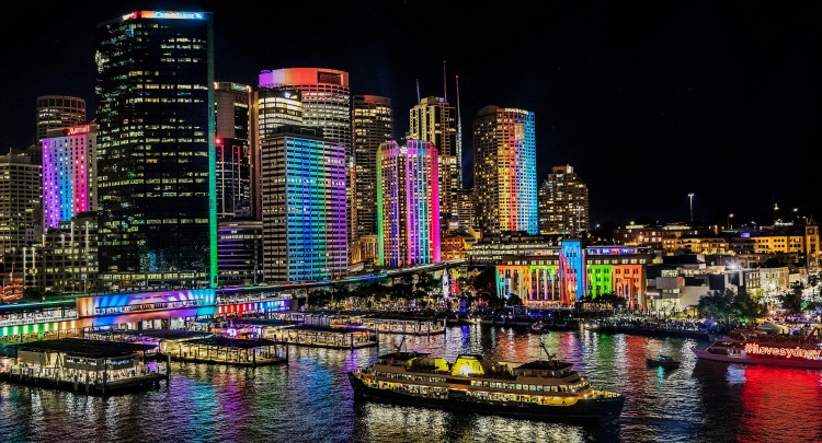 View of Circular Quay, Sydney harbour during VIVID 2016